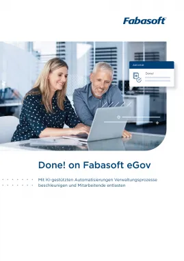 Factsheet Cover: "Done! on Fabasoft eGov - Mit KI-gestützten Automatisierungen Verwaltungsprozesse beschleunigen und Mitarbeitende entlasten"