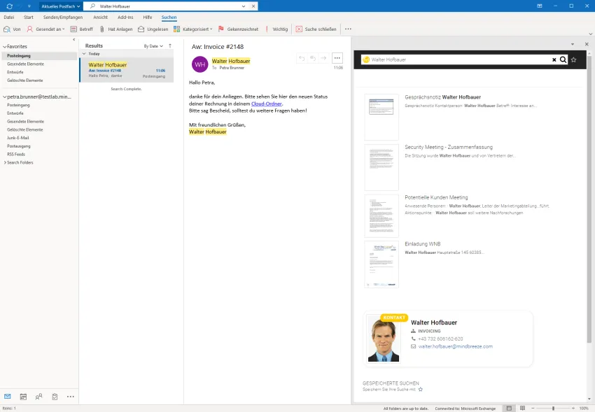 Mindbreeze-Integration in Microsoft Outlook